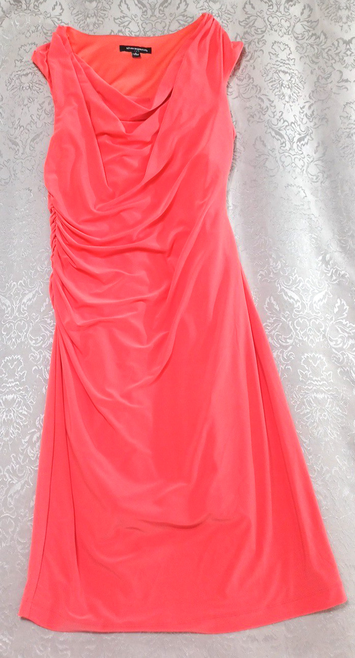 Sharango Womens Coral Lined Dress Sheath Sz 8 Drape Neck Ruched Side Sleeveless